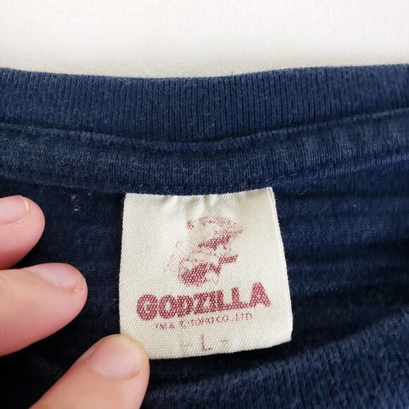 Godzilla Wave T-Shirt Toho Mens L Blue Short Sleeve Heavy Cotton Ukiyo-e - Picture 8 of 10